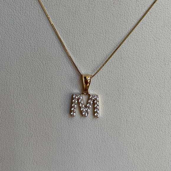 2pc set 14K Yellow Gold CZ M initial 16” inches 0.5mm Dainty Box chain necklace - Picture 2 of 12